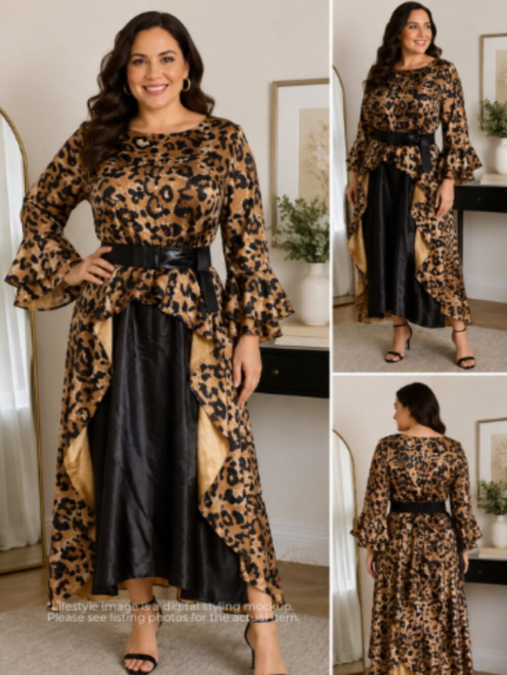 EY Boutique Leopard Print Asymmetrical Midi Dress 20W Plus Size Belted Ruffle Sl